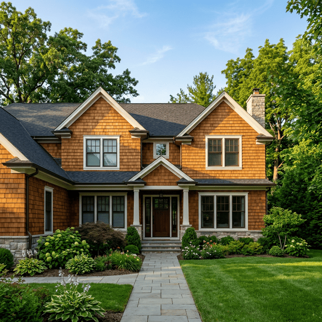 Cedar siding staining — beautiful amber cedar shake Naperville Hinsdale IL