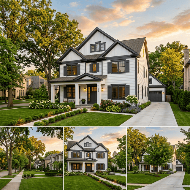 Exterior painting — white craftsman home golden hour Naperville IL