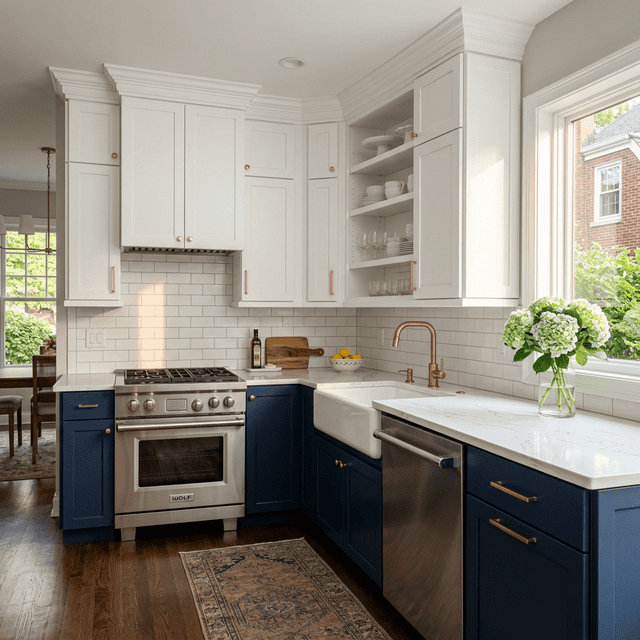 Stunning two-tone kitchen cabinet painting result — white upper and navy lower cabinets with gold hardware by Titan Painting Naperville